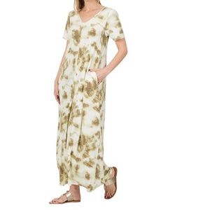 Olive Tie-Dye V-Neck Short-Sleeve Pocket Maxi Dress